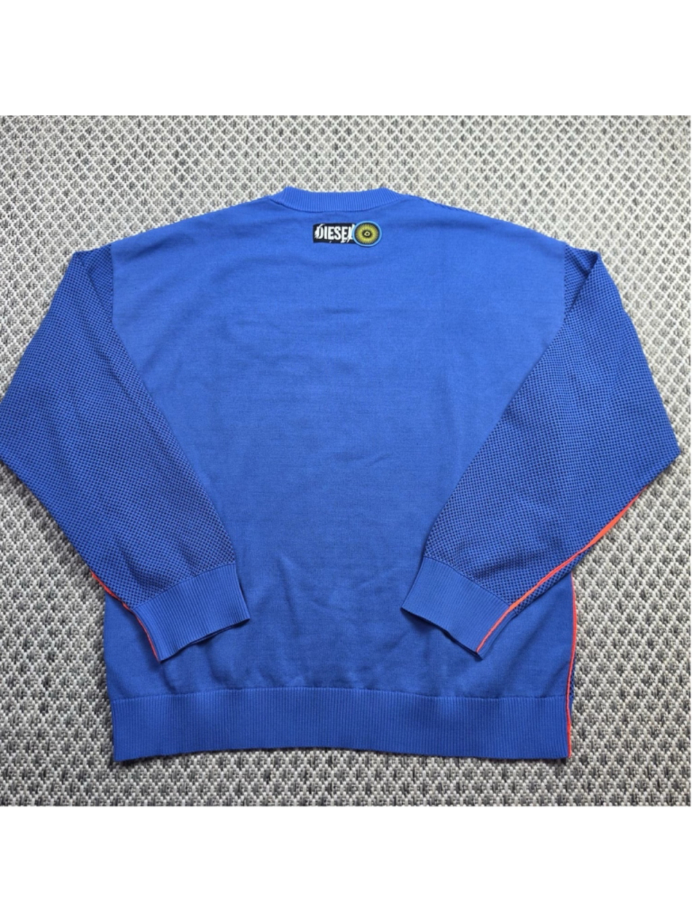 Diesel Men’s L Blue Textured Knit Crewneck Sweater Embroidered Patches Y2K Logo - Picture 3 of 10